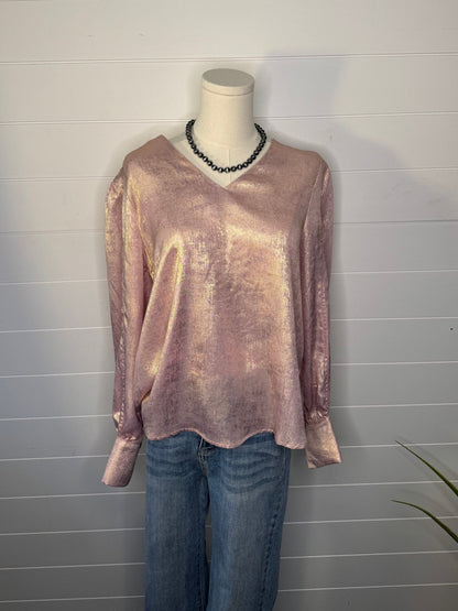 Jodifl Metallic Western V-Neck Puff Sleeve Blouse — Lightweight Elegant Layering Piece