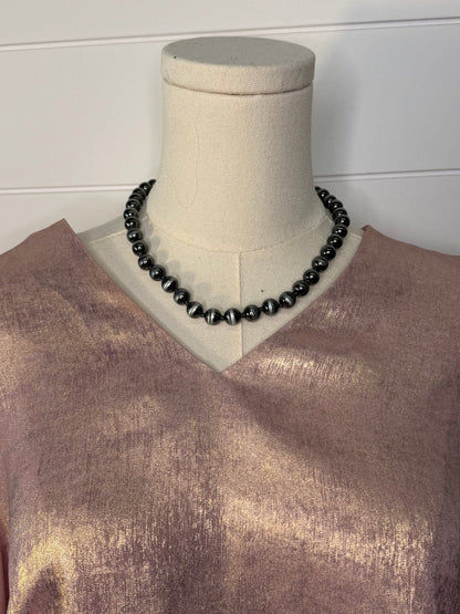 Jodifl Metallic Western V-Neck Puff Sleeve Blouse — Lightweight Elegant Layering Piece