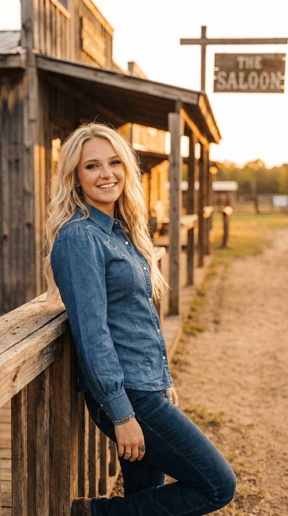 LUCKY & BLESSED Mid Wash Stretch Denim Pearl Snap Western Shirt — Bold Contrast Boot-Stitch Embroidery (Long Sleeve)