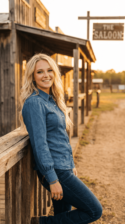 LUCKY & BLESSED Mid Wash Stretch Denim Pearl Snap Western Shirt — Bold Contrast Boot-Stitch Embroidery (Long Sleeve)