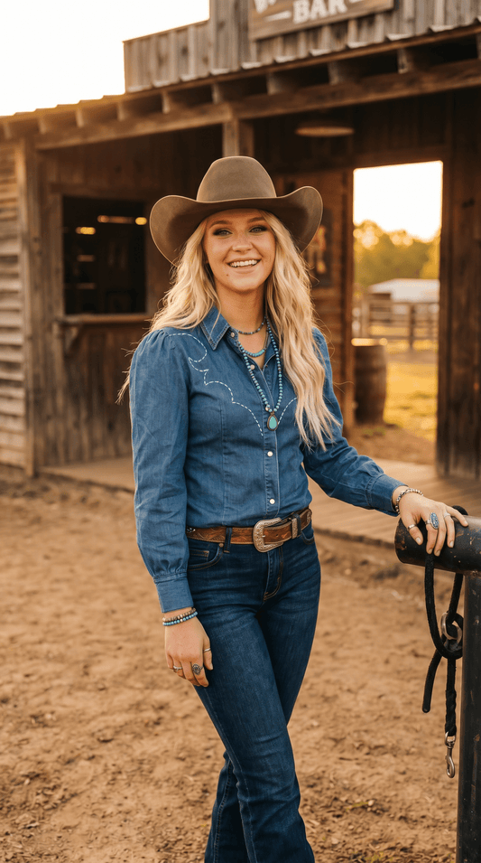 LUCKY & BLESSED Mid Wash Stretch Denim Pearl Snap Western Shirt — Bold Contrast Boot-Stitch Embroidery (Long Sleeve)