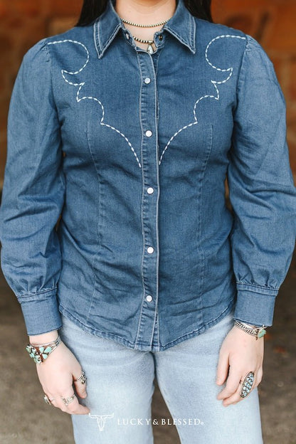 LUCKY & BLESSED Mid Wash Stretch Denim Pearl Snap Western Shirt — Bold Contrast Boot-Stitch Embroidery (Long Sleeve)