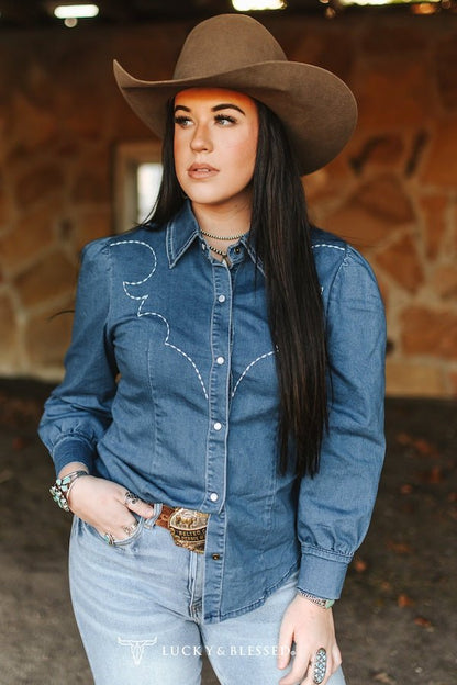 LUCKY & BLESSED Mid Wash Stretch Denim Pearl Snap Western Shirt — Bold Contrast Boot-Stitch Embroidery (Long Sleeve)