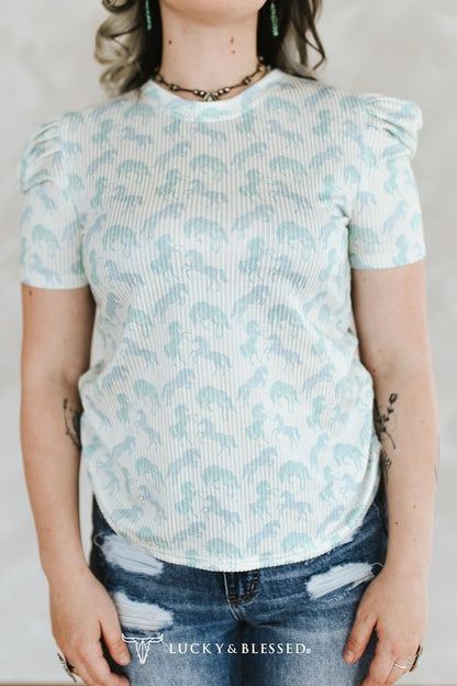 LUCKY & BLESSED Mint Horse Print Puff Sleeve Western Ribbed Top — Allover Horse Print Cowgirl Staple