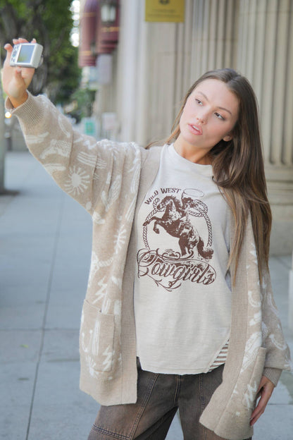 VERY J "Wild West Cowgirls" Western Graphic Knit Top — Oversized Mixed Media (Taupe or Olive)