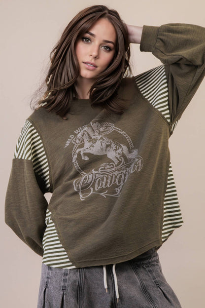 VERY J "Wild West Cowgirls" Western Graphic Knit Top — Oversized Mixed Media (Taupe or Olive)