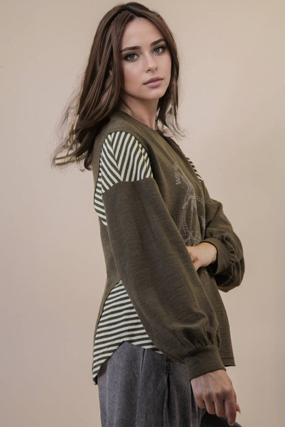 VERY J "Wild West Cowgirls" Western Graphic Knit Top — Oversized Mixed Media (Taupe or Olive)
