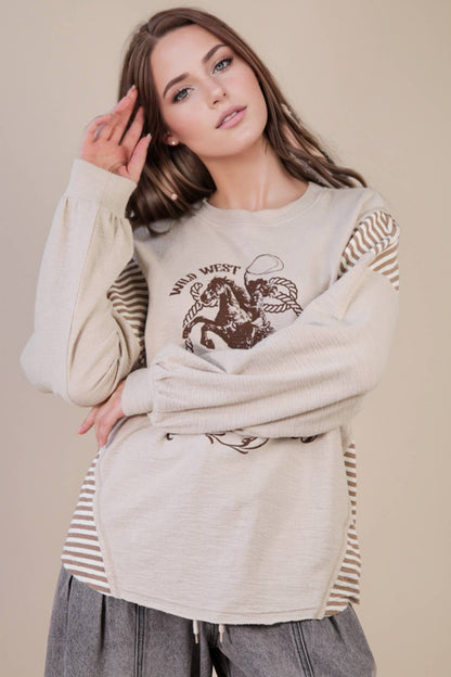VERY J "Wild West Cowgirls" Western Graphic Knit Top — Oversized Mixed Media (Taupe or Olive)