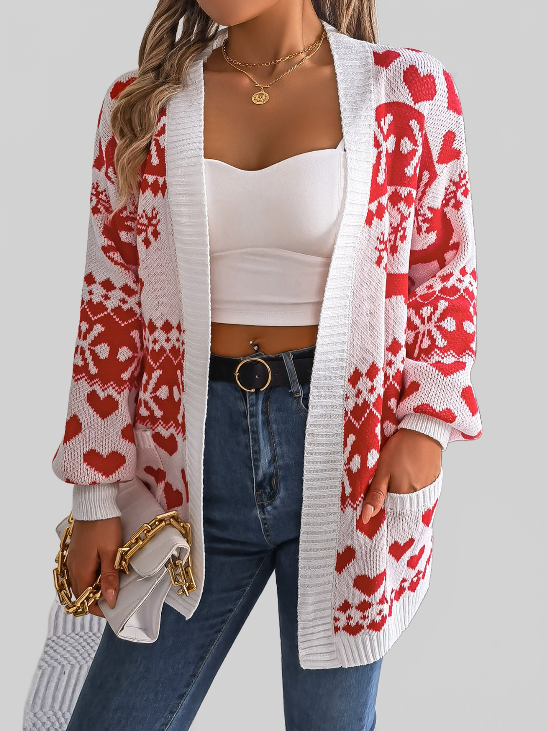 Women Pocketed Open Front Long Sleeve Cardigan