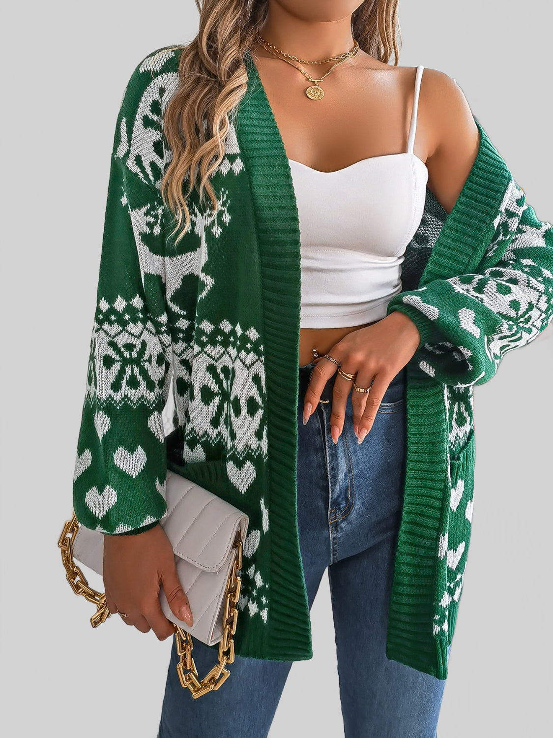 Women Pocketed Open Front Long Sleeve Cardigan