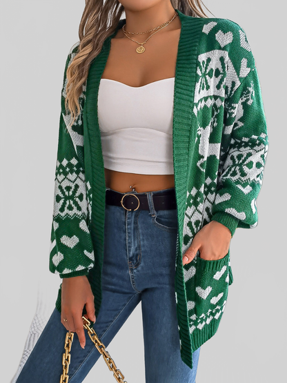 Women Pocketed Open Front Long Sleeve Cardigan