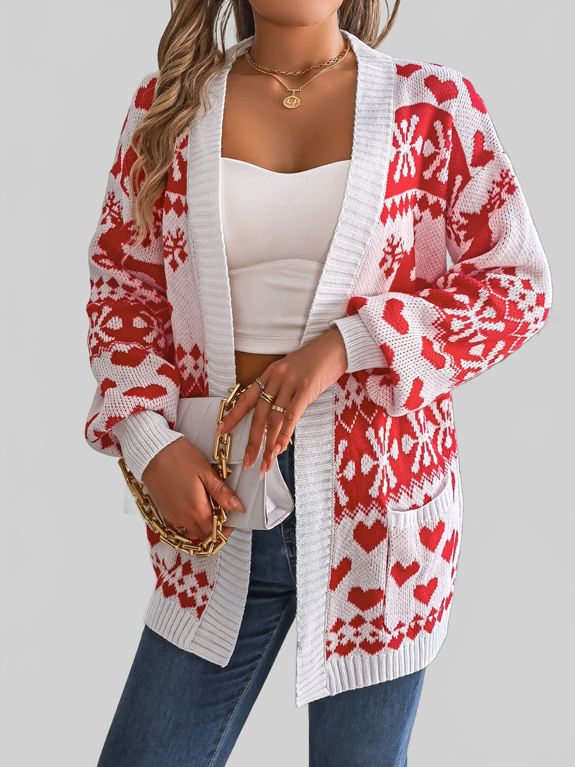 Women Pocketed Open Front Long Sleeve Cardigan