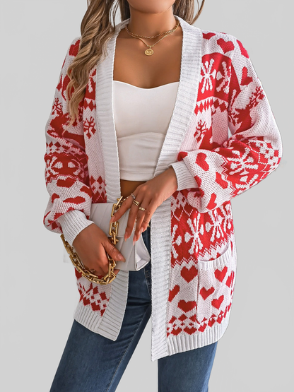 Women Pocketed Open Front Long Sleeve Cardigan