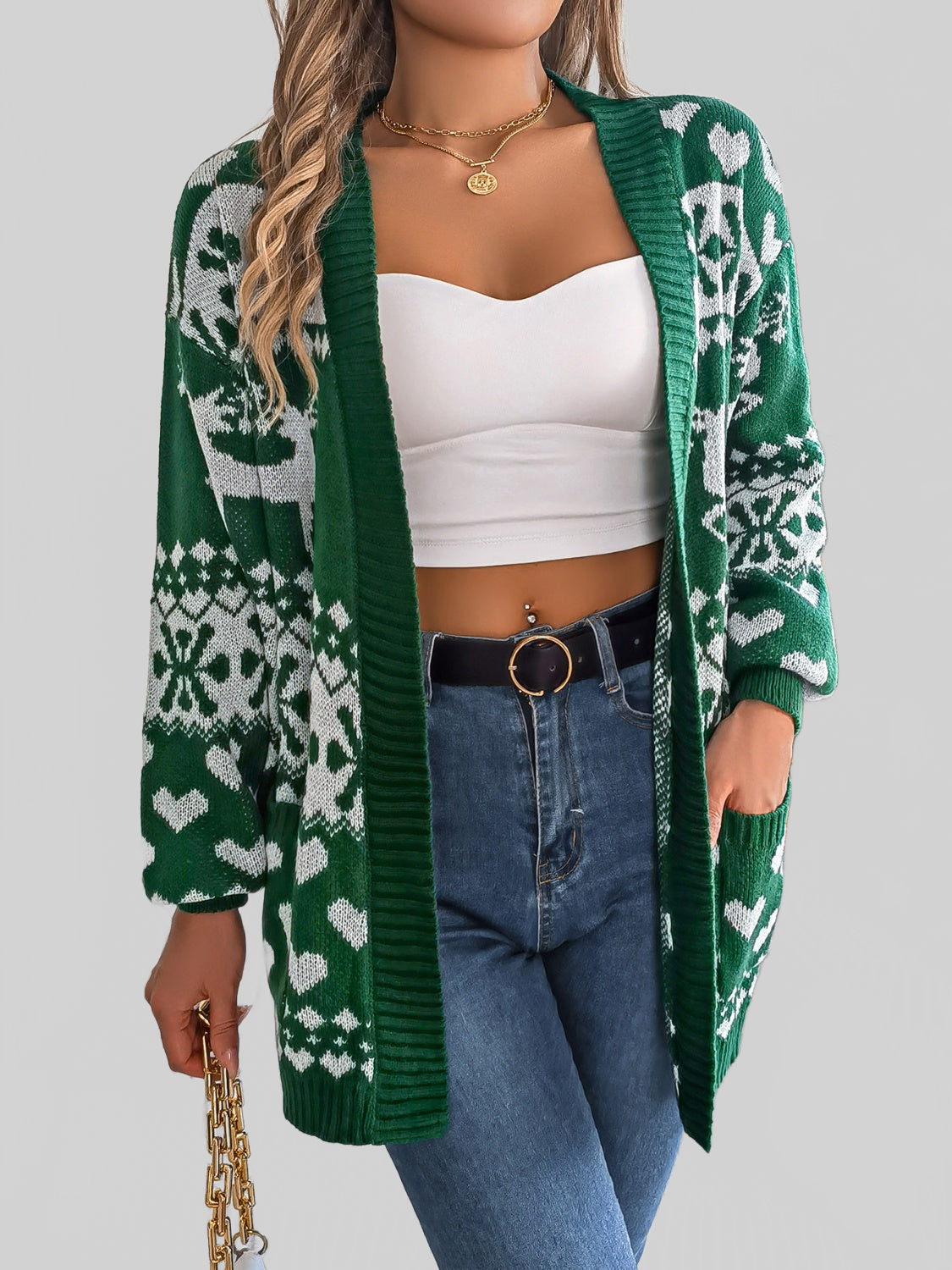 Women Pocketed Open Front Long Sleeve Cardigan