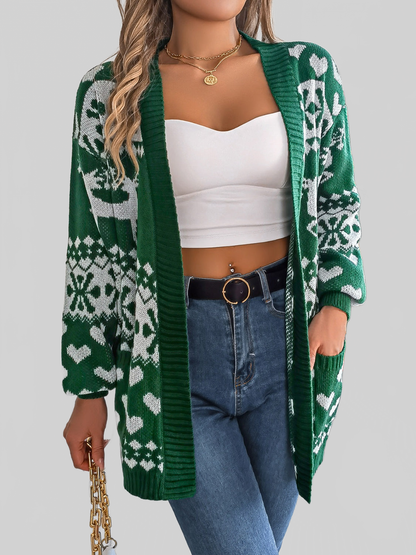 Women Pocketed Open Front Long Sleeve Cardigan