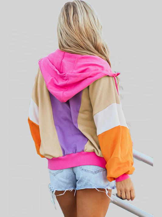Women Drawstring Color Block Zip Up Long Sleeve Hoodie