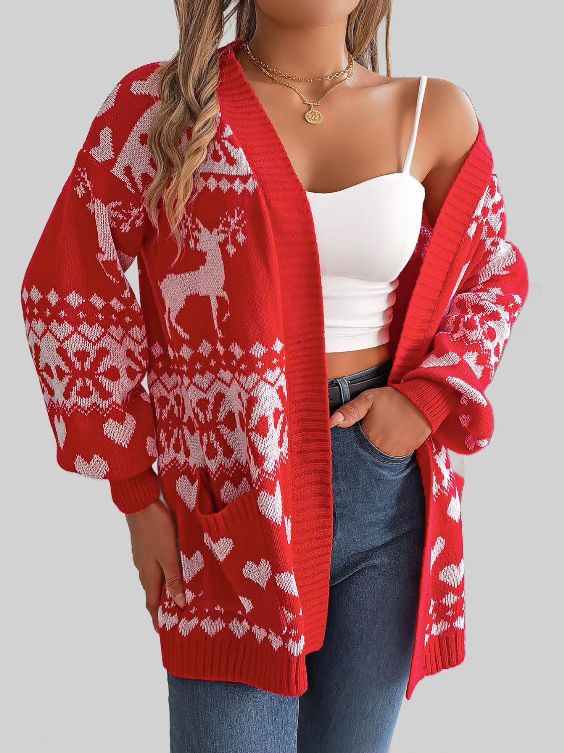 Women Pocketed Open Front Long Sleeve Cardigan
