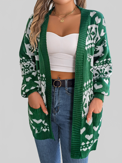 Women Pocketed Open Front Long Sleeve Cardigan
