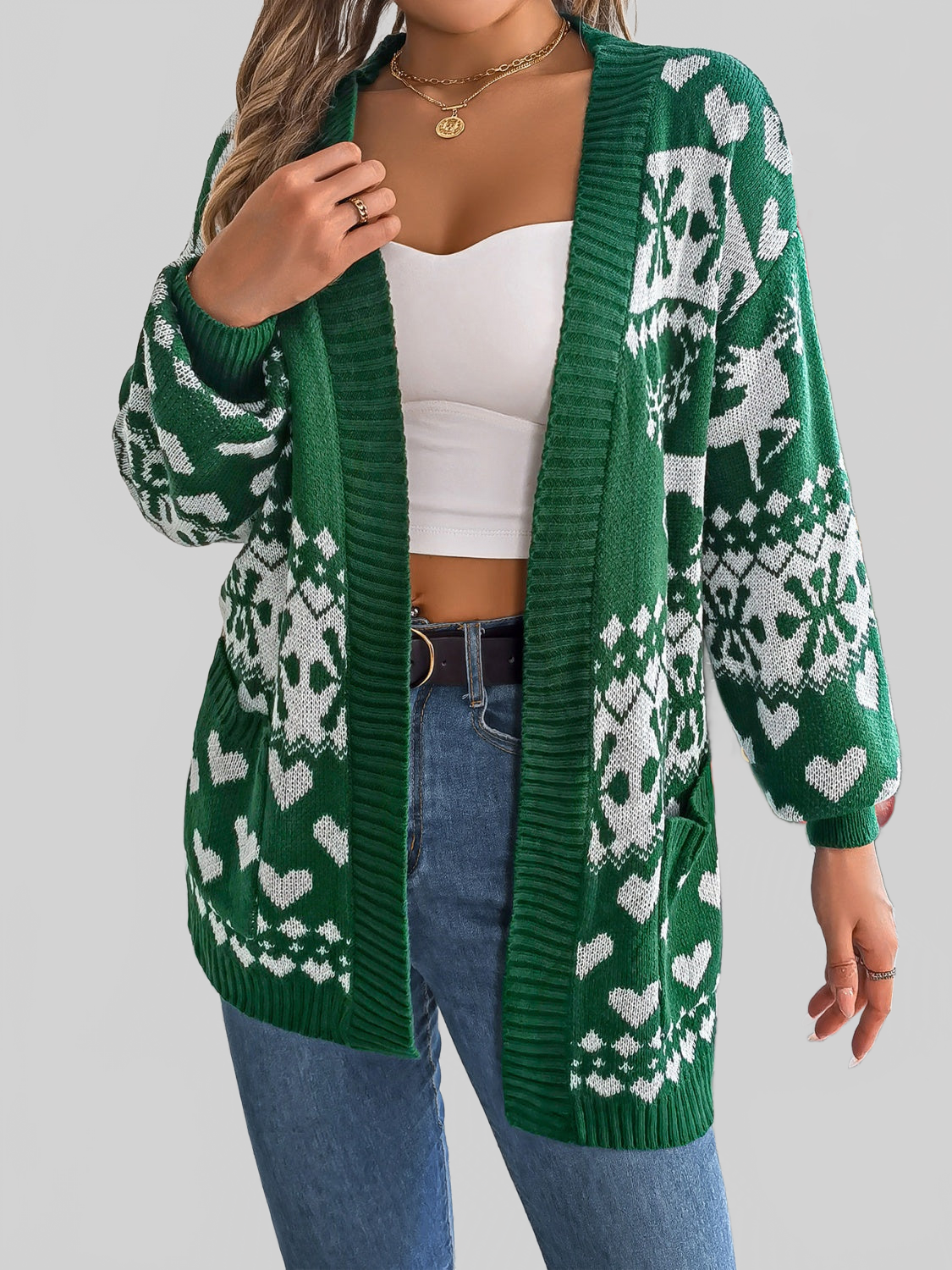 Women Pocketed Open Front Long Sleeve Cardigan