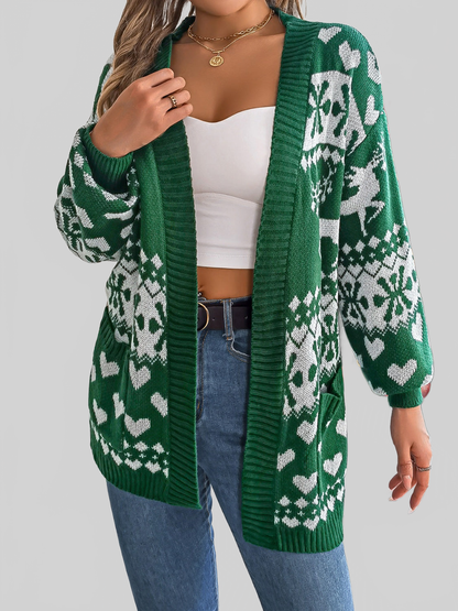 Women Pocketed Open Front Long Sleeve Cardigan