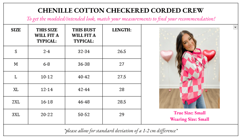 Pink Checkered Chenille Cotton Corded Crew Sweatshirt