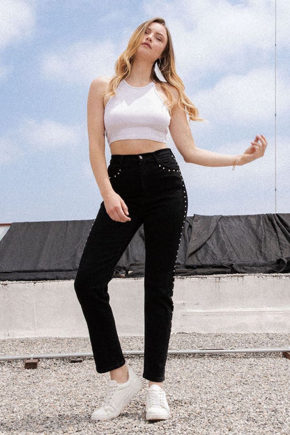 Studded Mom Jean in Black Denim