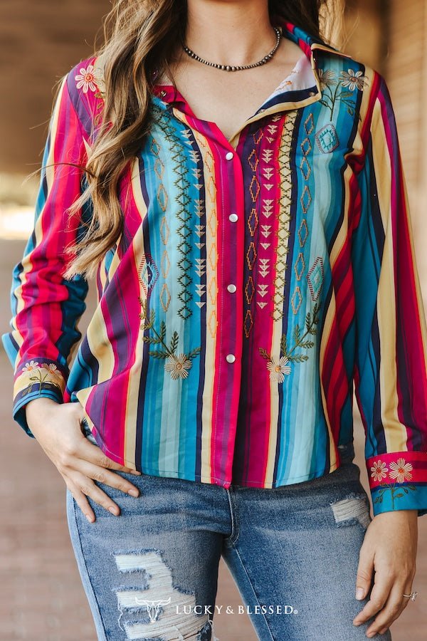 LUCKY & BLESSED Serape Pearl Snap Embroidered Western Top — Red & Turquoise Multi-Color Stripe Cowgirl Statement