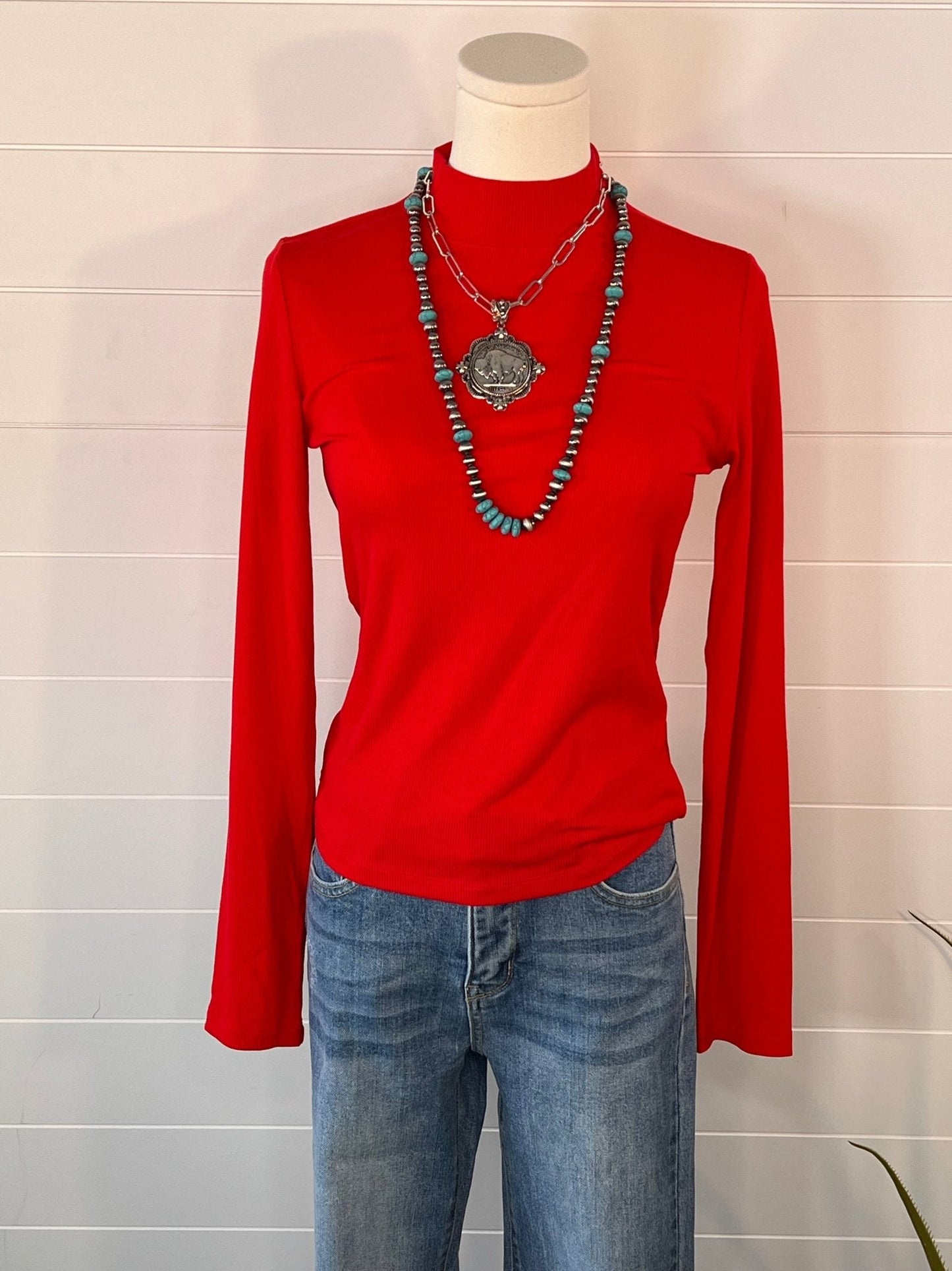 La Miel Ribbed Long Sleeve Mock Neck Western Basics Top — Layering Staple (4 Colors: Red, Teal, Black, Brown)