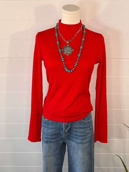 La Miel Ribbed Long Sleeve Mock Neck Western Basics Top — Layering Staple (4 Colors: Red, Teal, Black, Brown)