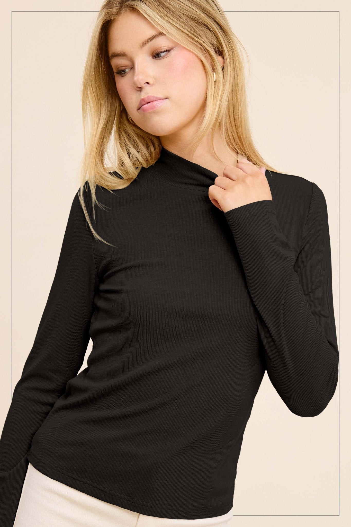 La Miel Ribbed Long Sleeve Mock Neck Western Basics Top — Layering Staple (4 Colors: Red, Teal, Black, Brown)