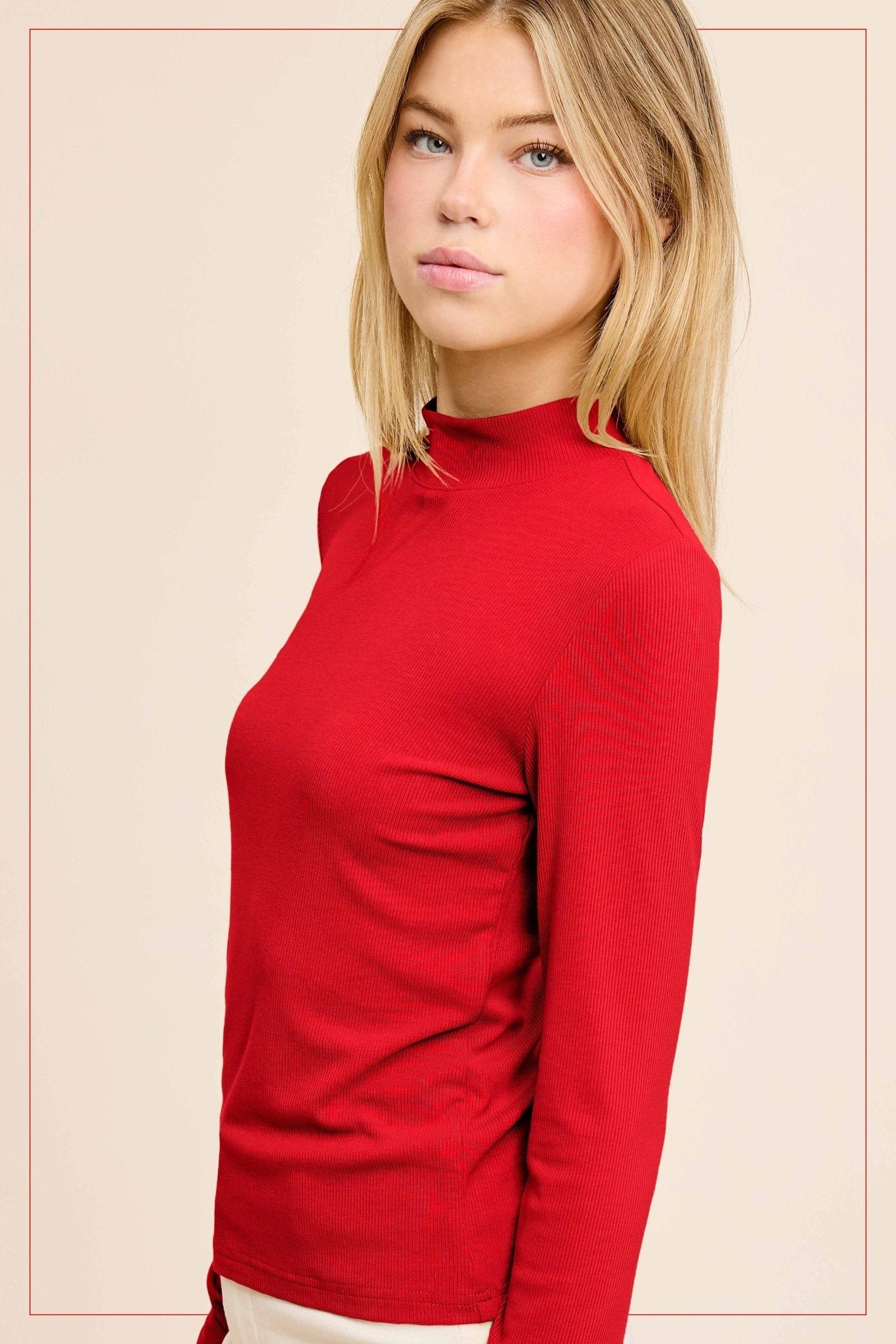 La Miel Ribbed Long Sleeve Mock Neck Western Basics Top — Layering Staple (4 Colors: Red, Teal, Black, Brown)