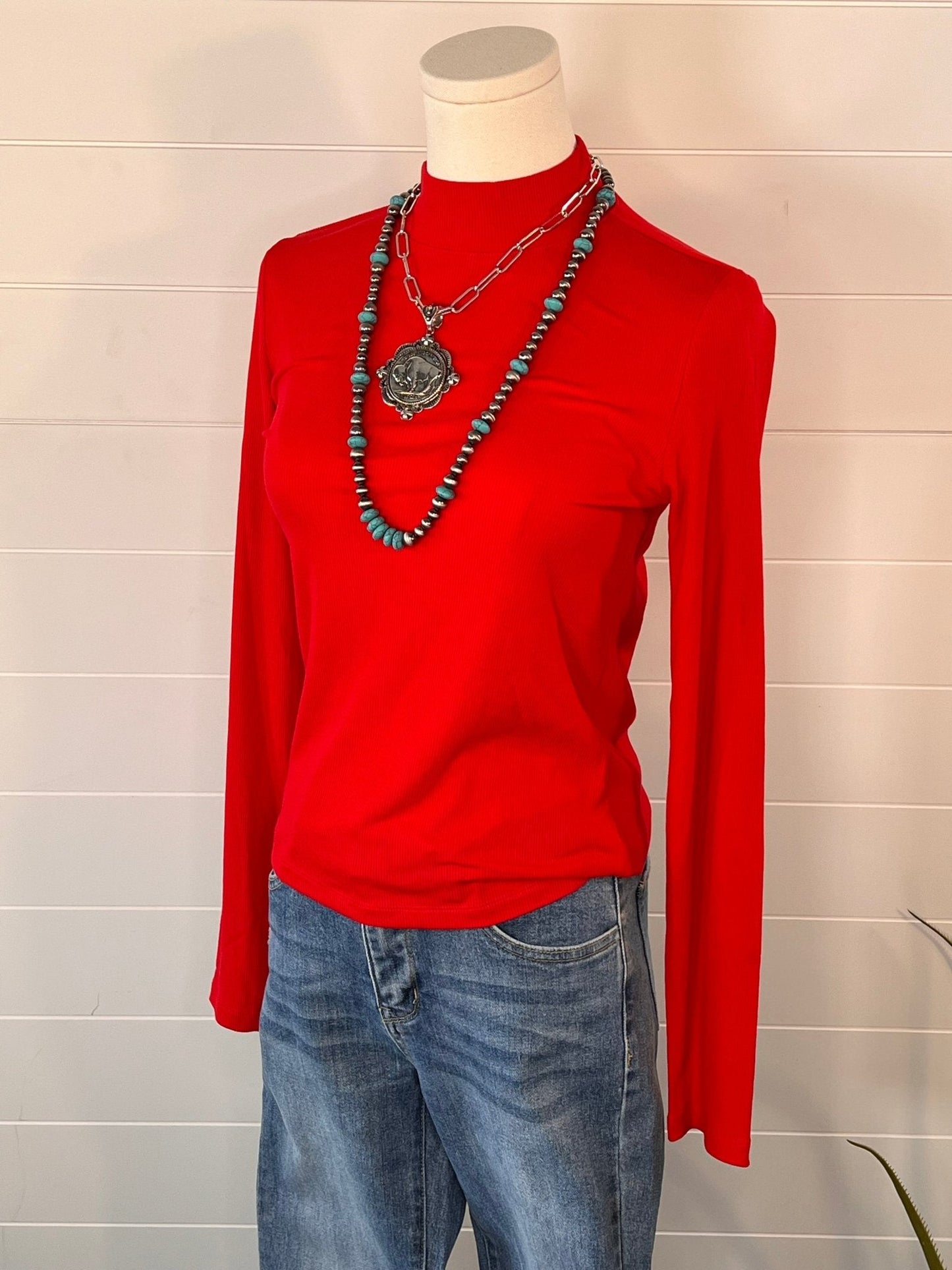 La Miel Ribbed Long Sleeve Mock Neck Western Basics Top — Layering Staple (4 Colors: Red, Teal, Black, Brown)