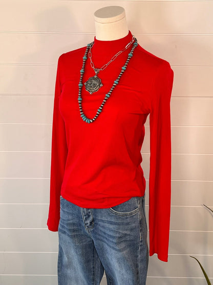 La Miel Ribbed Long Sleeve Mock Neck Western Basics Top — Layering Staple (4 Colors: Red, Teal, Black, Brown)