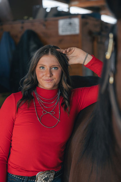 La Miel Ribbed Long Sleeve Mock Neck Western Basics Top — Layering Staple (4 Colors: Red, Teal, Black, Brown)