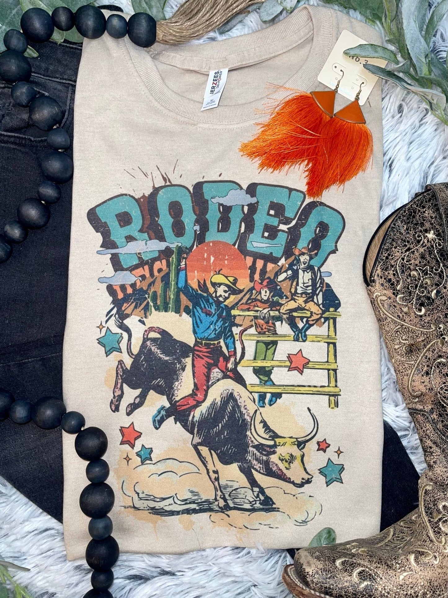 1/2 Penny "Vintage Rodeo Bull Rider" Western Graphic Tee — Sand Cotton-Blend Unisex Western Statement