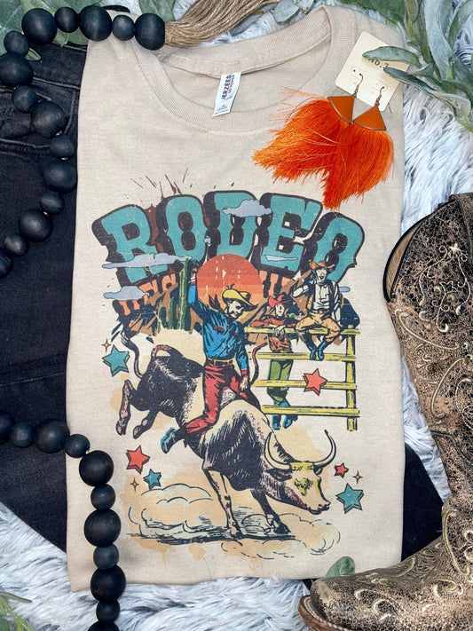 1/2 Penny "Vintage Rodeo Bull Rider" Western Graphic Tee — Sand Cotton-Blend Unisex Western Statement