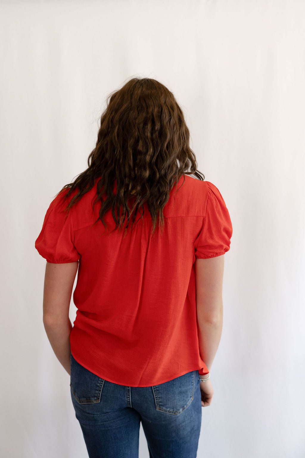 Blu Pepper "Scarlette" Red Eyelet Puff Sleeve Western Top — Split Neckline with Embroidered Eyelet Detail