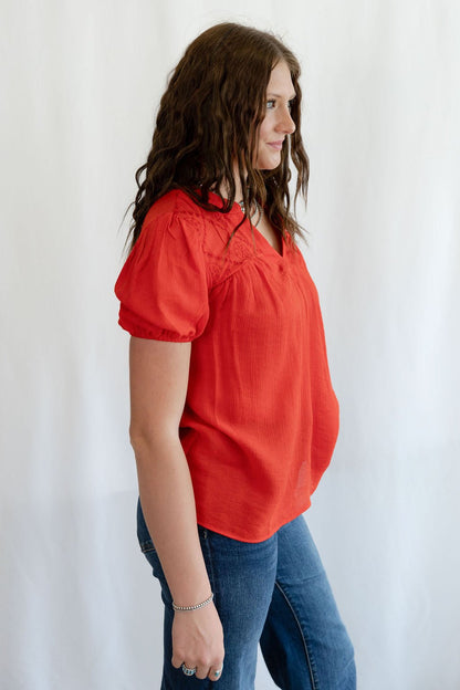 Blu Pepper "Scarlette" Red Eyelet Puff Sleeve Western Top — Split Neckline with Embroidered Eyelet Detail