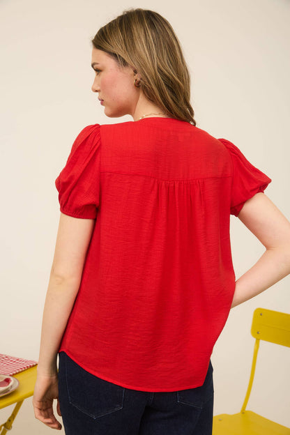 Blu Pepper "Scarlette" Red Eyelet Puff Sleeve Western Top — Split Neckline with Embroidered Eyelet Detail