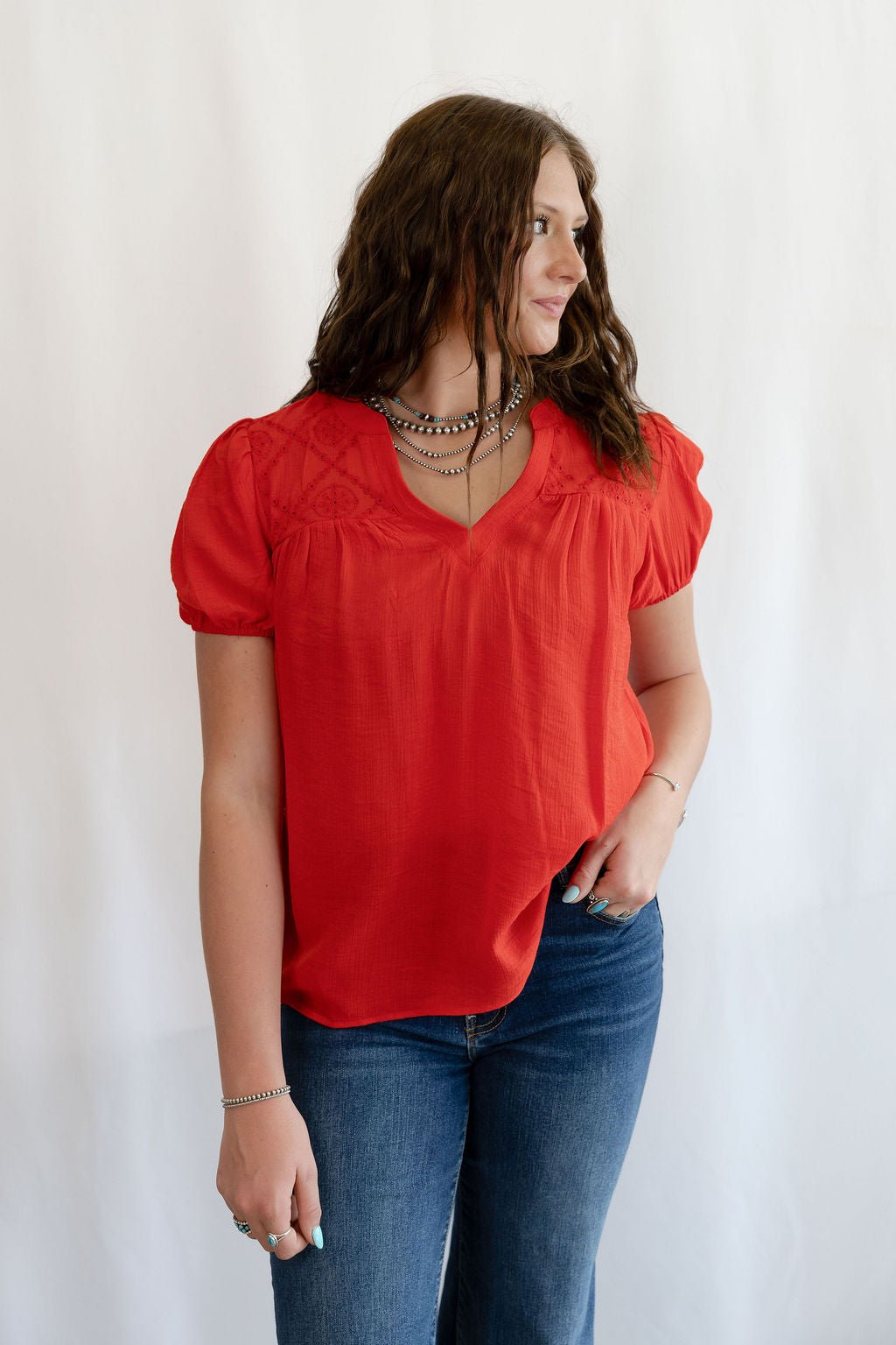 Blu Pepper "Scarlette" Red Eyelet Puff Sleeve Western Top — Split Neckline with Embroidered Eyelet Detail