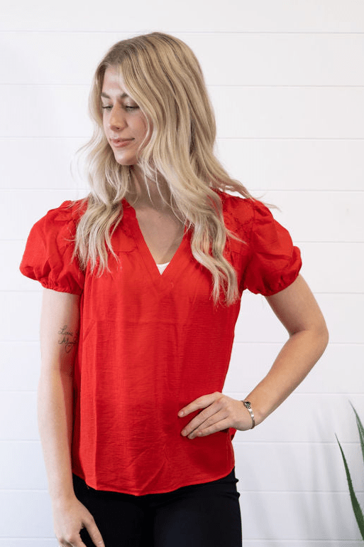 Blu Pepper "Scarlette" Red Eyelet Puff Sleeve Western Top — Split Neckline with Embroidered Eyelet Detail