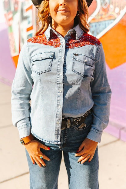LUCKY & BLESSED Stone Wash Red Yoke Denim Western Button-Down Shirt — Premium Embroidered Cowgirl Statement