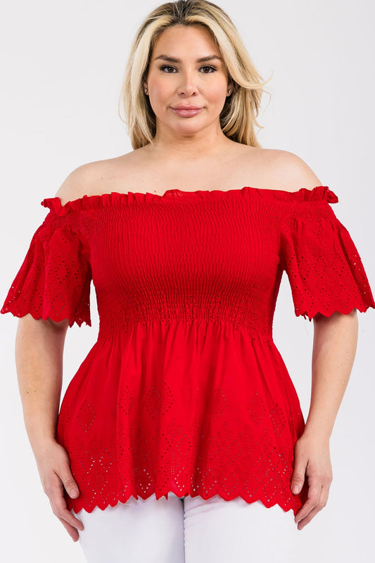 Off Shoulder Smocked Eyelet Top