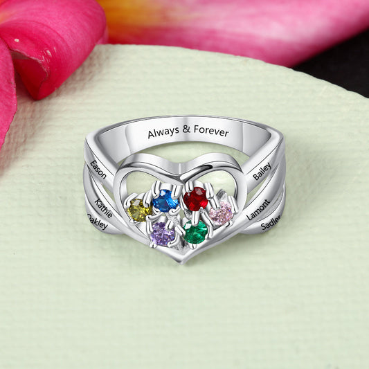 Custom 6 Birthstone Mother's Ring 6 Engraved Names Heart Design