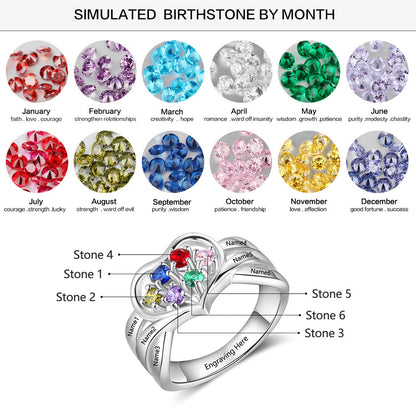 Custom 6 Birthstone Mother's Ring 6 Engraved Names Heart Design
