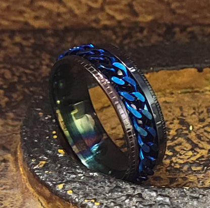 Personalized Men's Wedding Spinner Ring - Black and Blue Spinner Ring