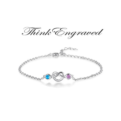 Custom 2 Birthstone Silver Heart Knot Mother's Bracelet - 2 Stone Mom Bracelet