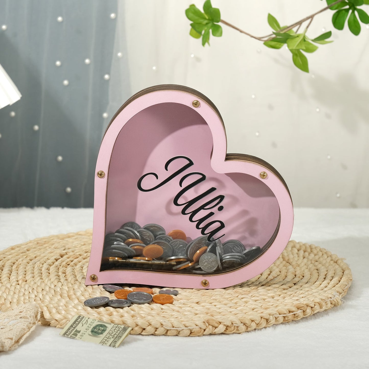 Personalized Handmade Wood Pink Heart Piggy Bank - Name Piggy Bank