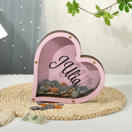 Personalized Handmade Wood Pink Heart Piggy Bank - Name Piggy Bank