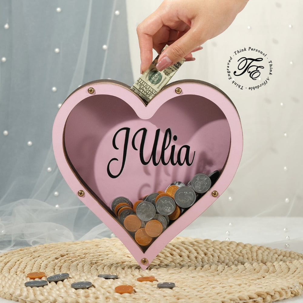 Personalized Handmade Wood Pink Heart Piggy Bank - Name Piggy Bank